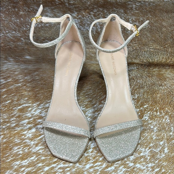 EUC Stuart Weitzman Nudistcurve 4” US 5, Silver Glitter Heels Sparkle Stiletto - Picture 2 of 14